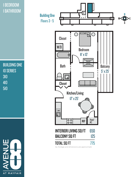 Floor plan for 1 bed, 1 bath, 650 sqft